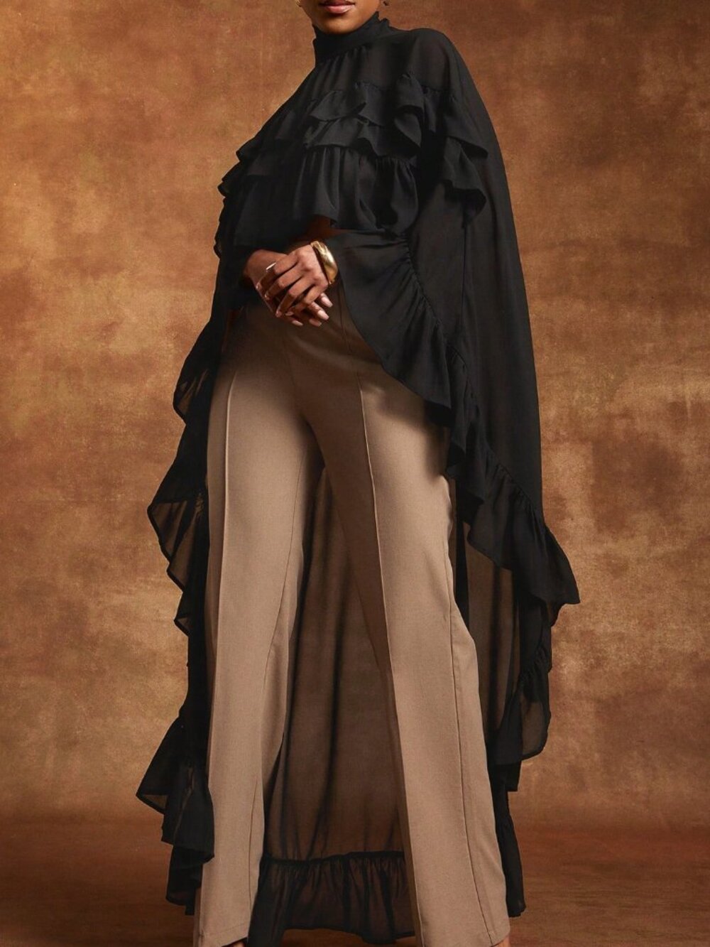 Black Women's Sheer Chiffon Layered Ruffle Mock Neck Hem Top - Picture 3 of 5